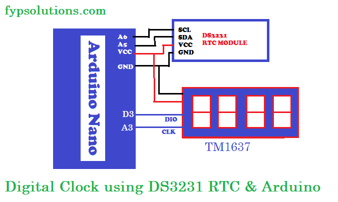Arduino Nano based digital clock circuit diagram