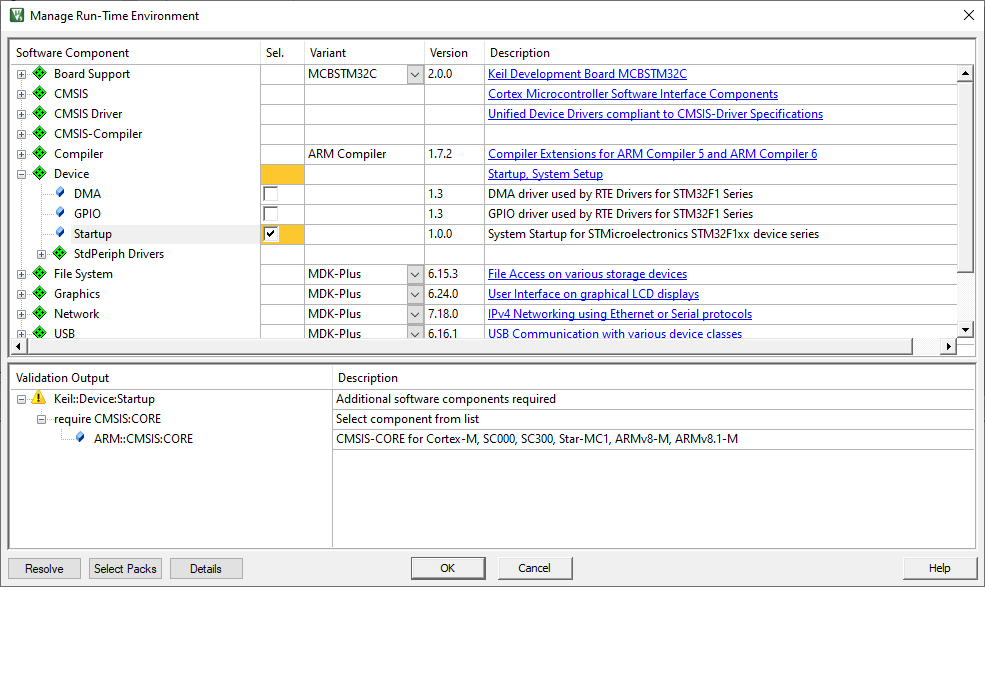 STM32 device startup file in keil project