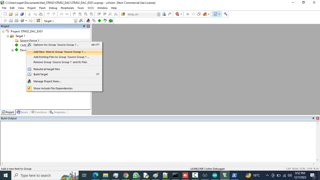 Add New Item to Group for adding the main.c file in keil project