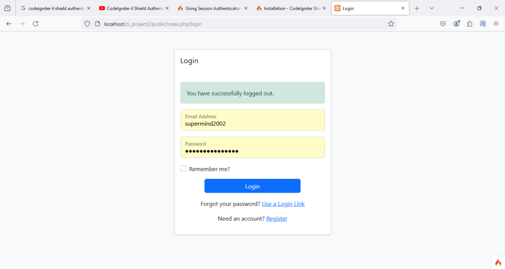 codeigniter 4 sheild login page