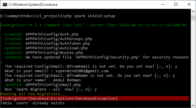 php spark shield:setup